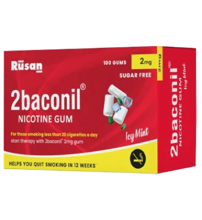 2baconil Nicotine Gum 2mg dispenser box, 20 x 9 gums, Icy Mint